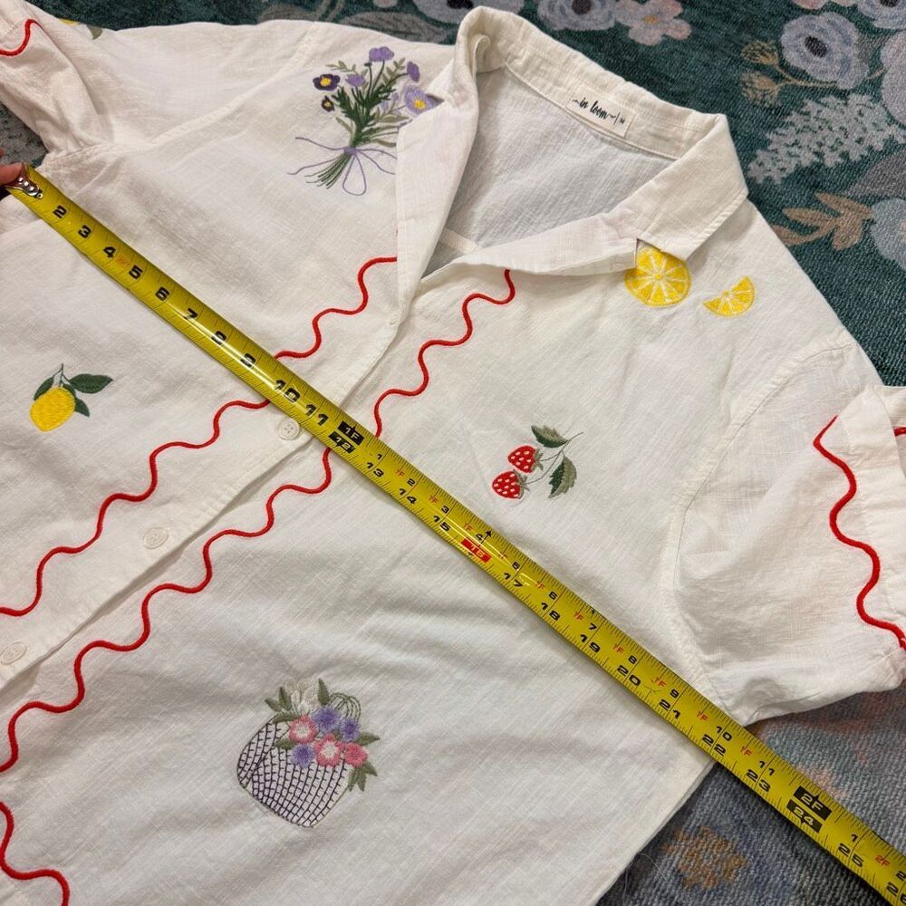 In Loom Embroidered Shirt Button Up Strawberry Lemon Picnic Short Sleeve Scallop - Picture 13 of 13